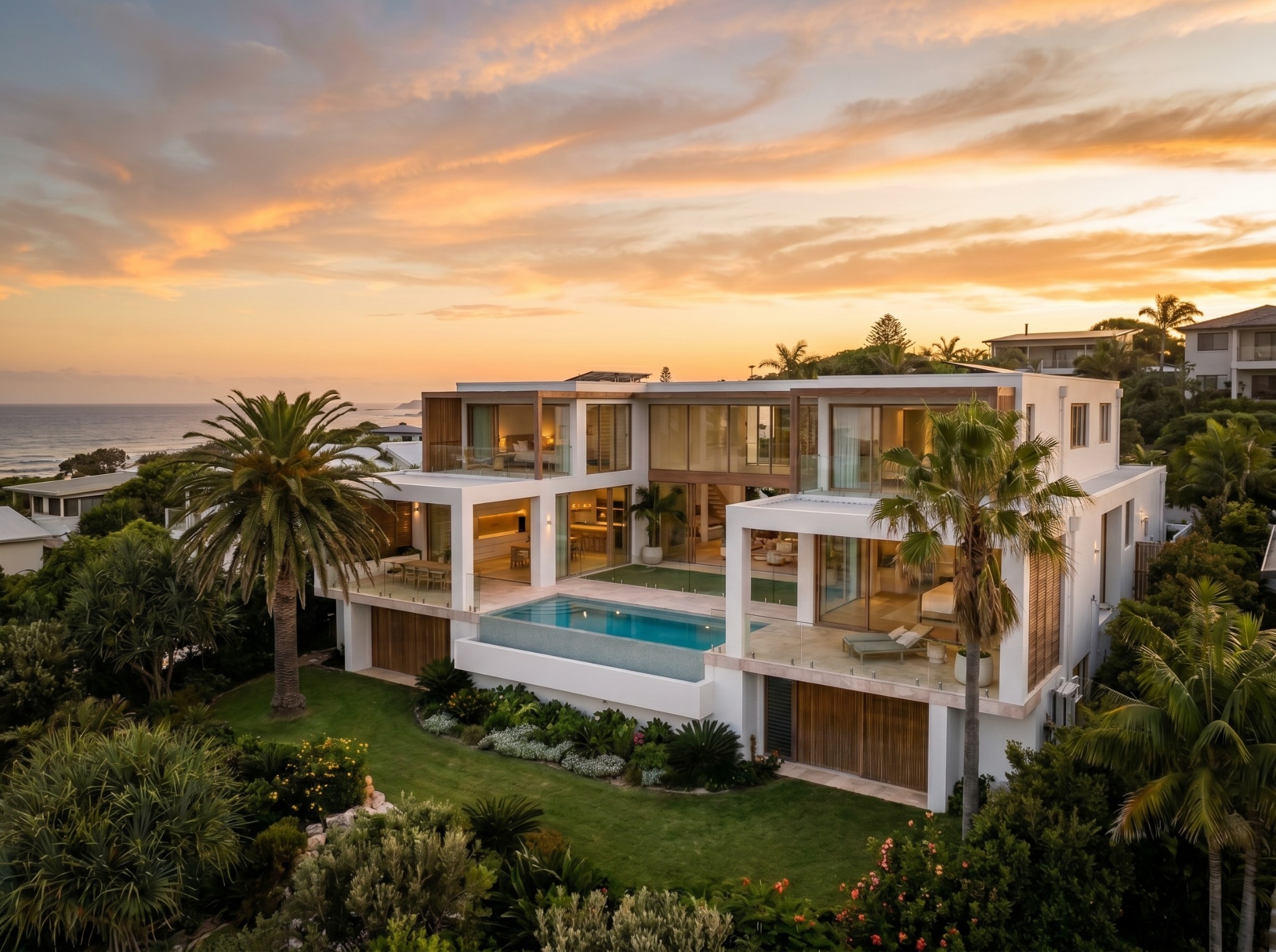 Luxury coastal property exterior at sunset